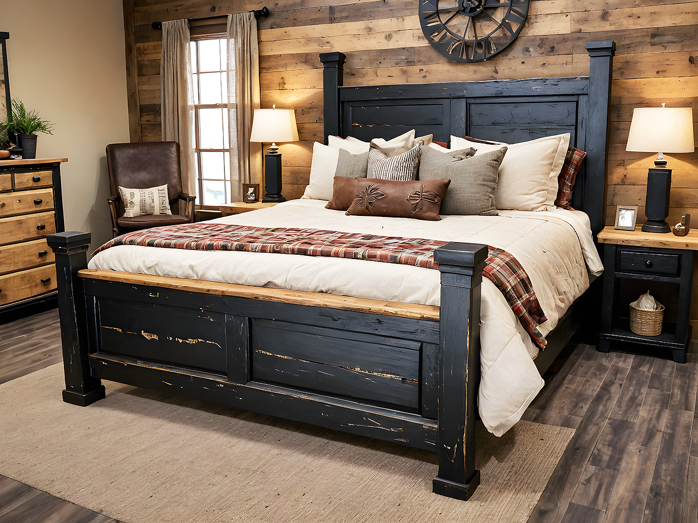Mission Rustic Μαύρο Ξύλινο Κρεβάτι με Ψηλό Κεφαλάρι 