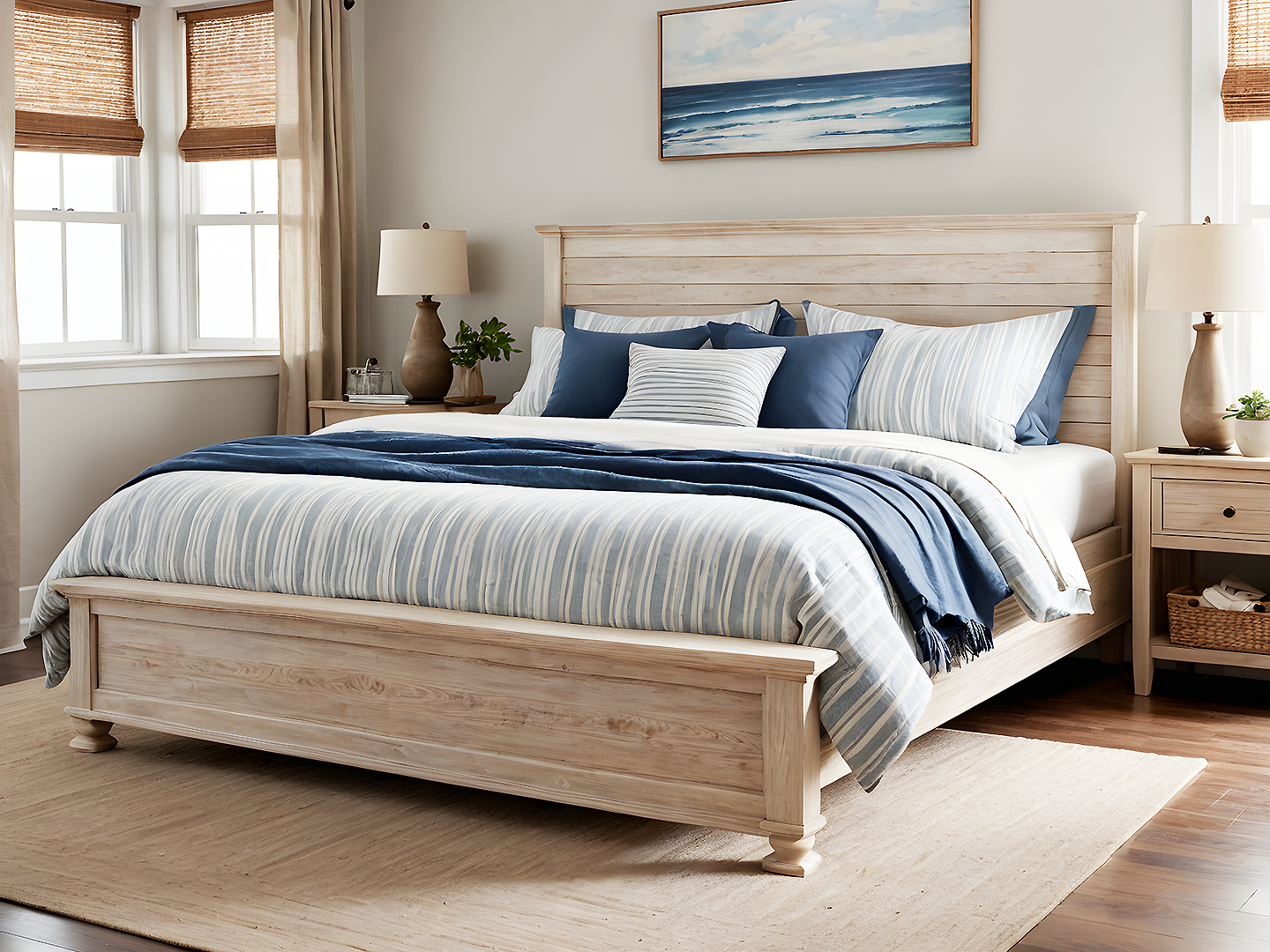 Coastal Ξύλινο Κρεβάτι King Size από Ανοιχτόχρωμη Φυσική Ξυλεία