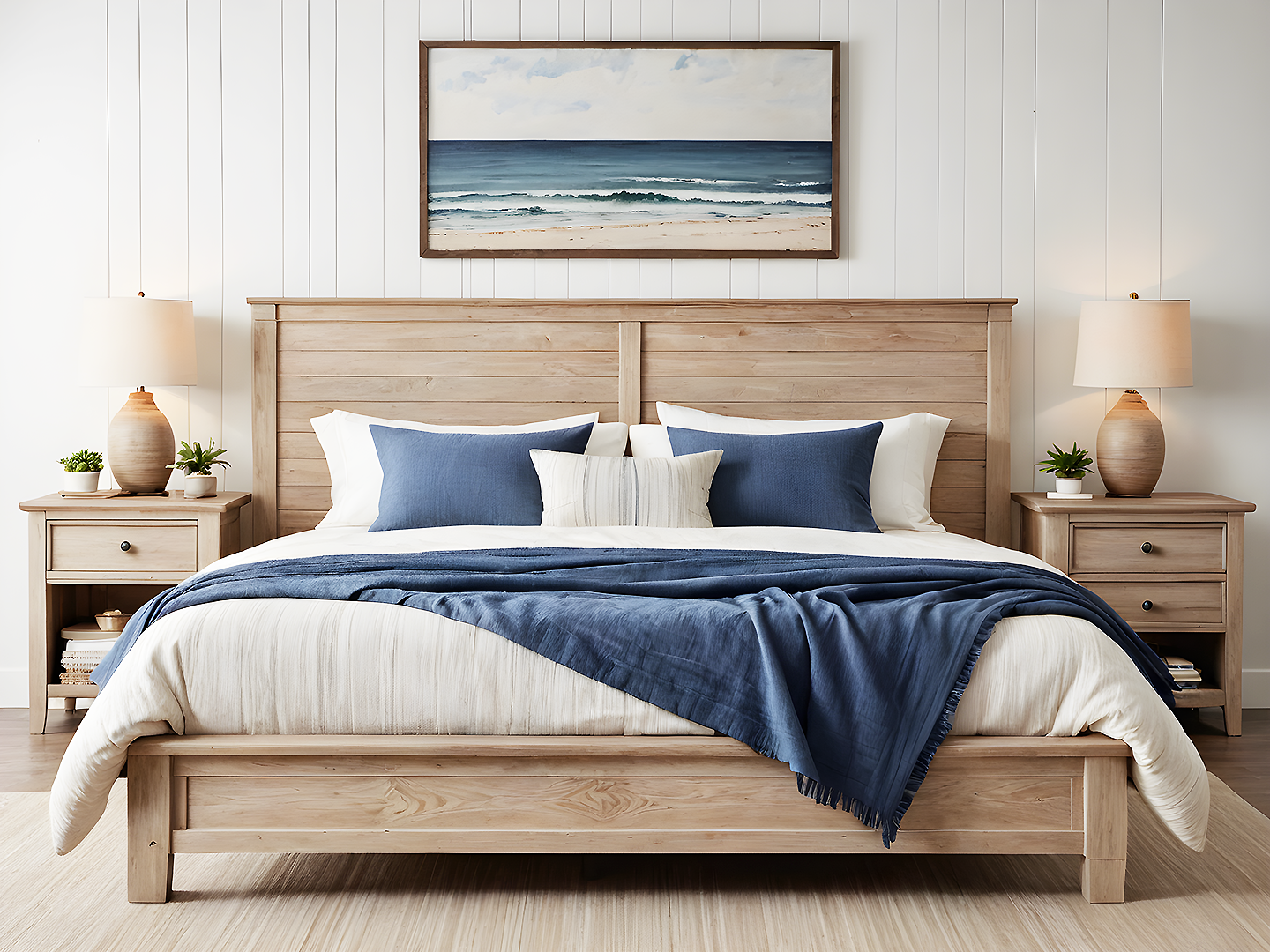 Coastal Ξύλινο Κρεβάτι King Size από Ανοιχτόχρωμη Φυσική Ξυλεία