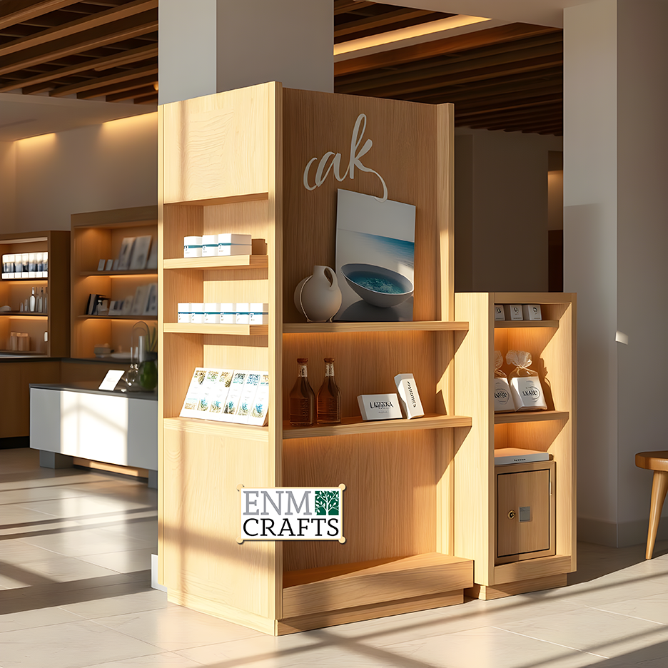 Ξύλινη Γωνιακή Στήλη Προβολής Spa & Boutique G1021