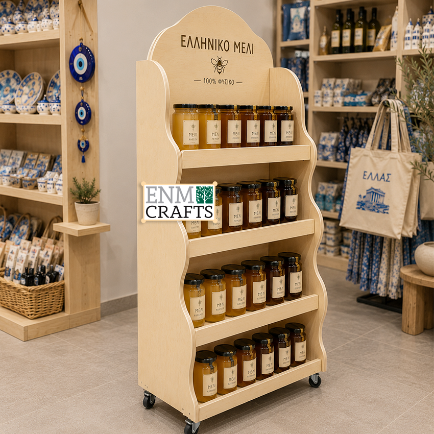 Ξύλινο Επιδαπέδιο Stand για Μέλι με Ρόδες 954