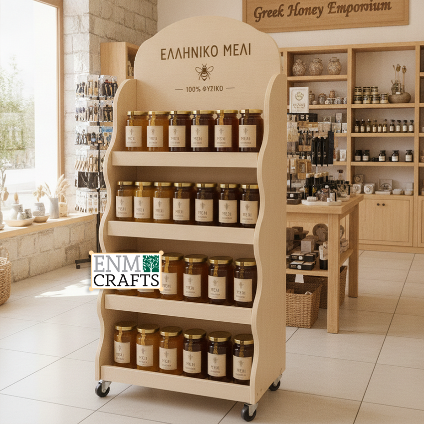 Ξύλινο Επιδαπέδιο Stand για Μέλι με Ρόδες 954