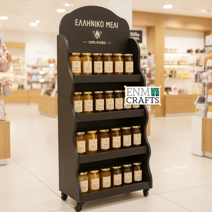Ξύλινο Επιδαπέδιο Stand για Μέλι με Ρόδες 954