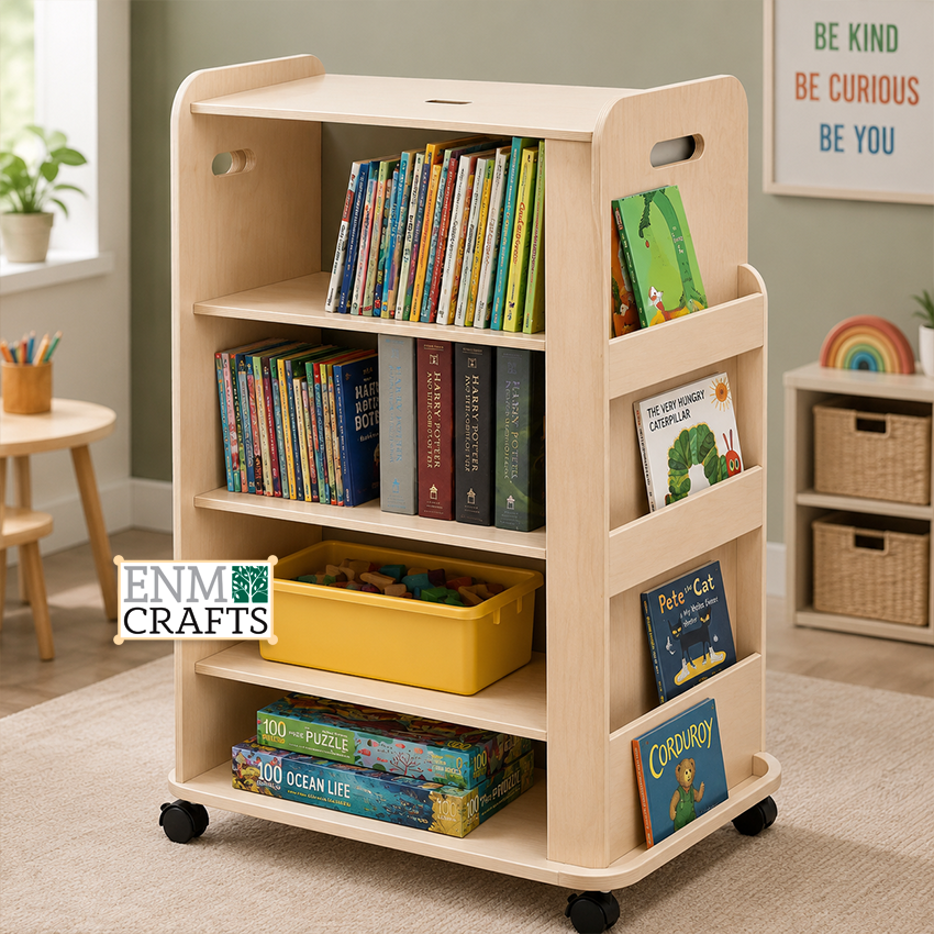 Κινητή Ξύλινη Βιβλιοθήκη Montessori Διπλής Όψης με Ράφια & Θήκες 993