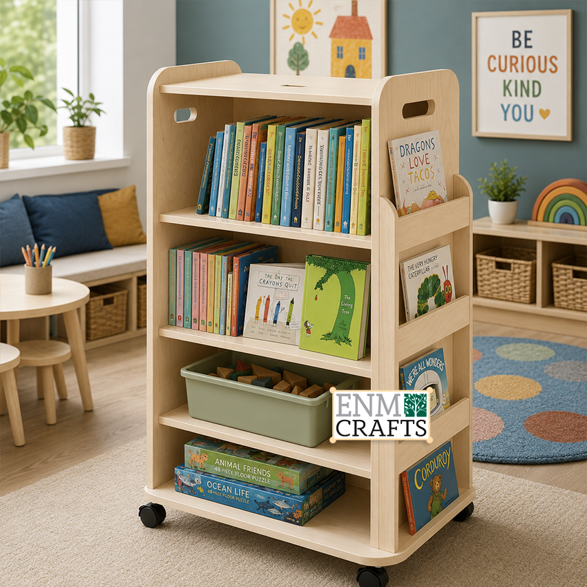 Κινητή Ξύλινη Βιβλιοθήκη Montessori Διπλής Όψης με Ράφια & Θήκες 993