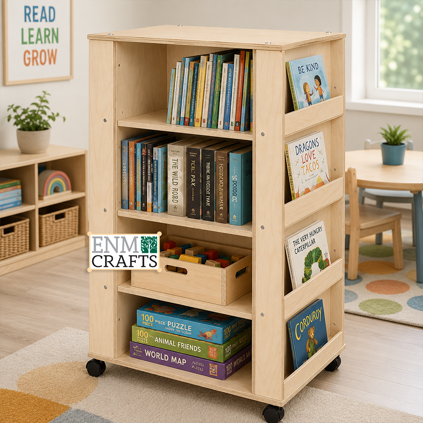 Ξύλινη Βιβλιοθήκη Montessori με Πλαϊνή Προβολή Βιβλίων & Ράφια Αποθήκευσης 994
