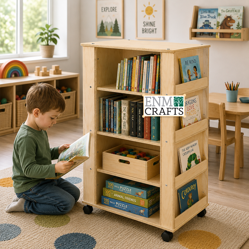 Ξύλινη Βιβλιοθήκη Montessori με Πλαϊνή Προβολή Βιβλίων & Ράφια Αποθήκευσης 994