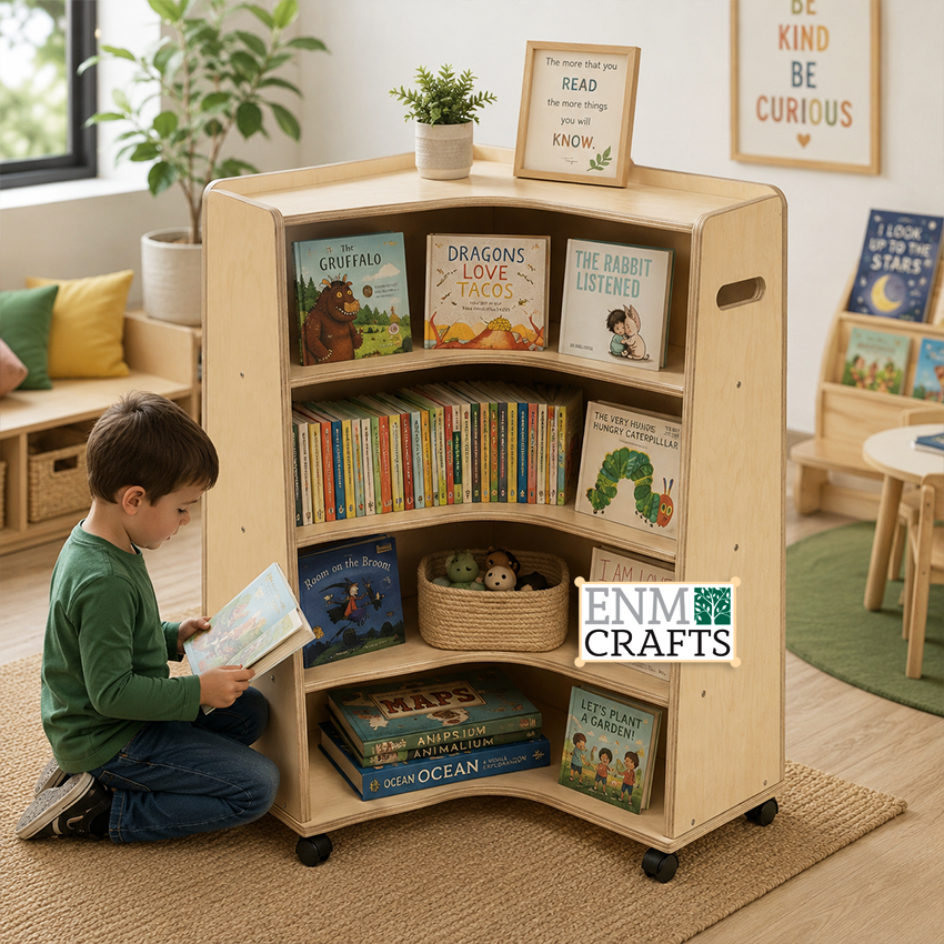 Γωνιακή Κινητή Ξύλινη Βιβλιοθήκη Montessori με Καμπύλα Ράφια 995