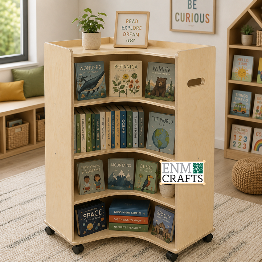 Γωνιακή Κινητή Ξύλινη Βιβλιοθήκη Montessori με Καμπύλα Ράφια 995