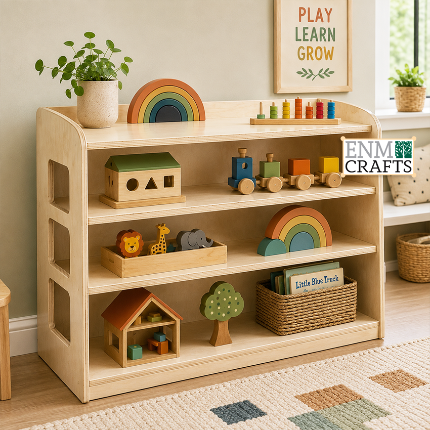 Χαμηλή Ξύλινη Βιβλιοθήκη Montessori με Ανοιχτά Ράφια 999