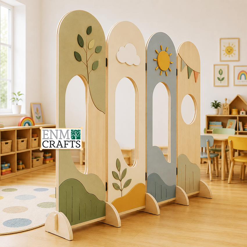 Ξύλινο Αναδιπλούμενο Διαχωριστικό Χώρου Montessori με Παράθυρα Εξερεύνησης 9154