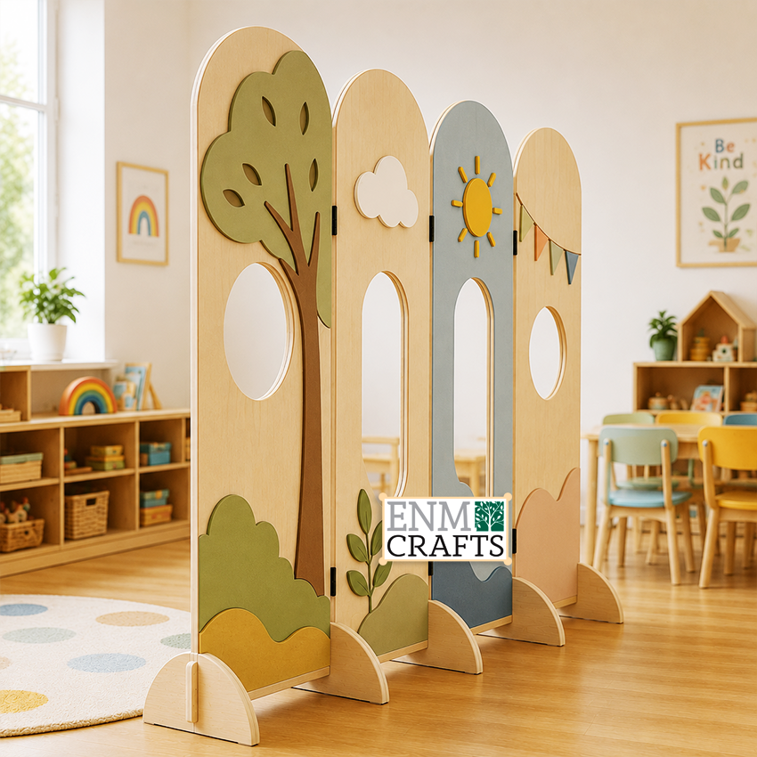 Ξύλινο Αναδιπλούμενο Διαχωριστικό Χώρου Montessori με Παράθυρα Εξερεύνησης 9154